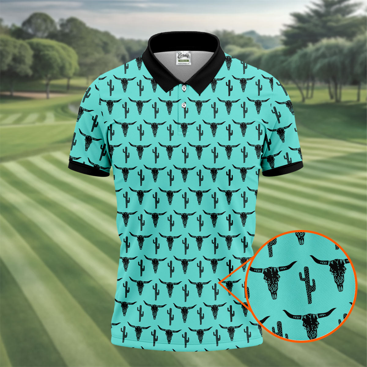 Longhorn Cow Skull Western Theme Peacock Blue Golf Tops For Men, Polo Shirts For Men, Golf Shirts For Men