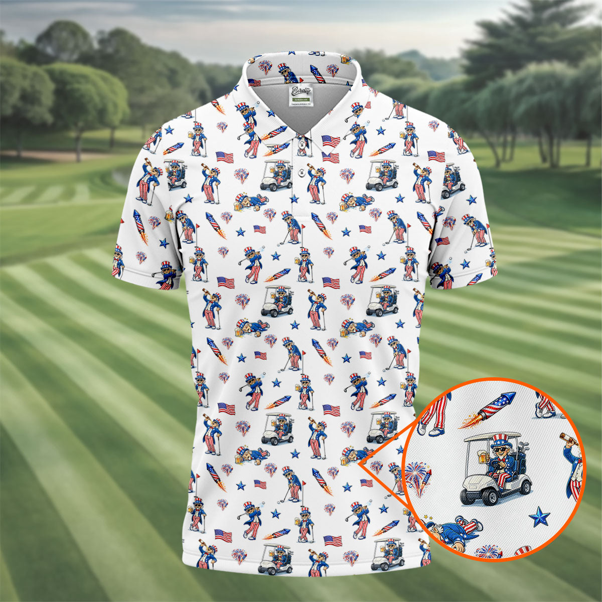 Patriotic Man Golf And Beer Funny 4th Of July White Golf Shirt, 250 Years Seamless Pattern Golf Shirts For Men
