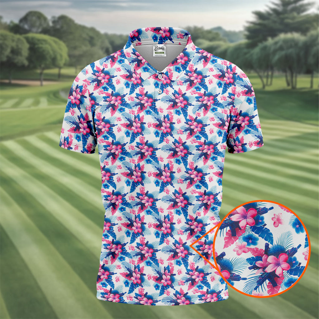 Pink Blue Tropical Floral Hawaiian Golf Shirt, Vibrant Color Golf Shirts For Men