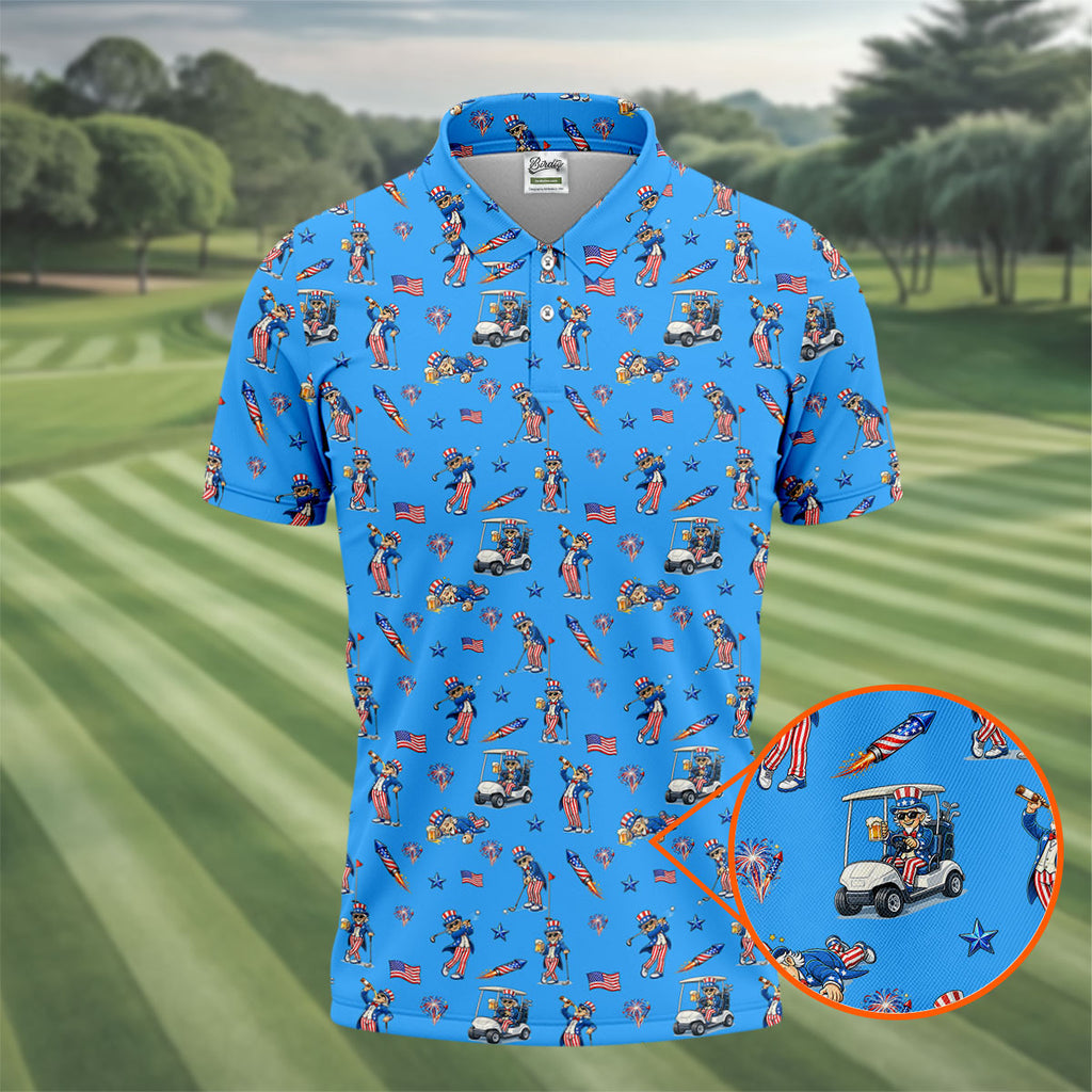 Patriotic Man Golf And Beer Funny 4th Of July Blue Golf Shirt, 250 Years Seamless Pattern Golf Shirts For Men