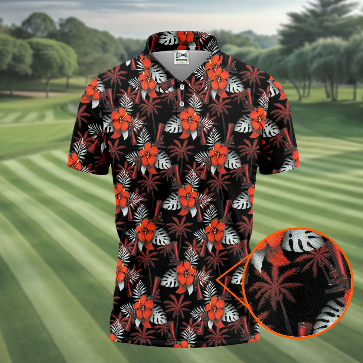 Orange Hibiscus Black Hawaiian Golf Shirt, Summer Vibe Golf Shirts For Men