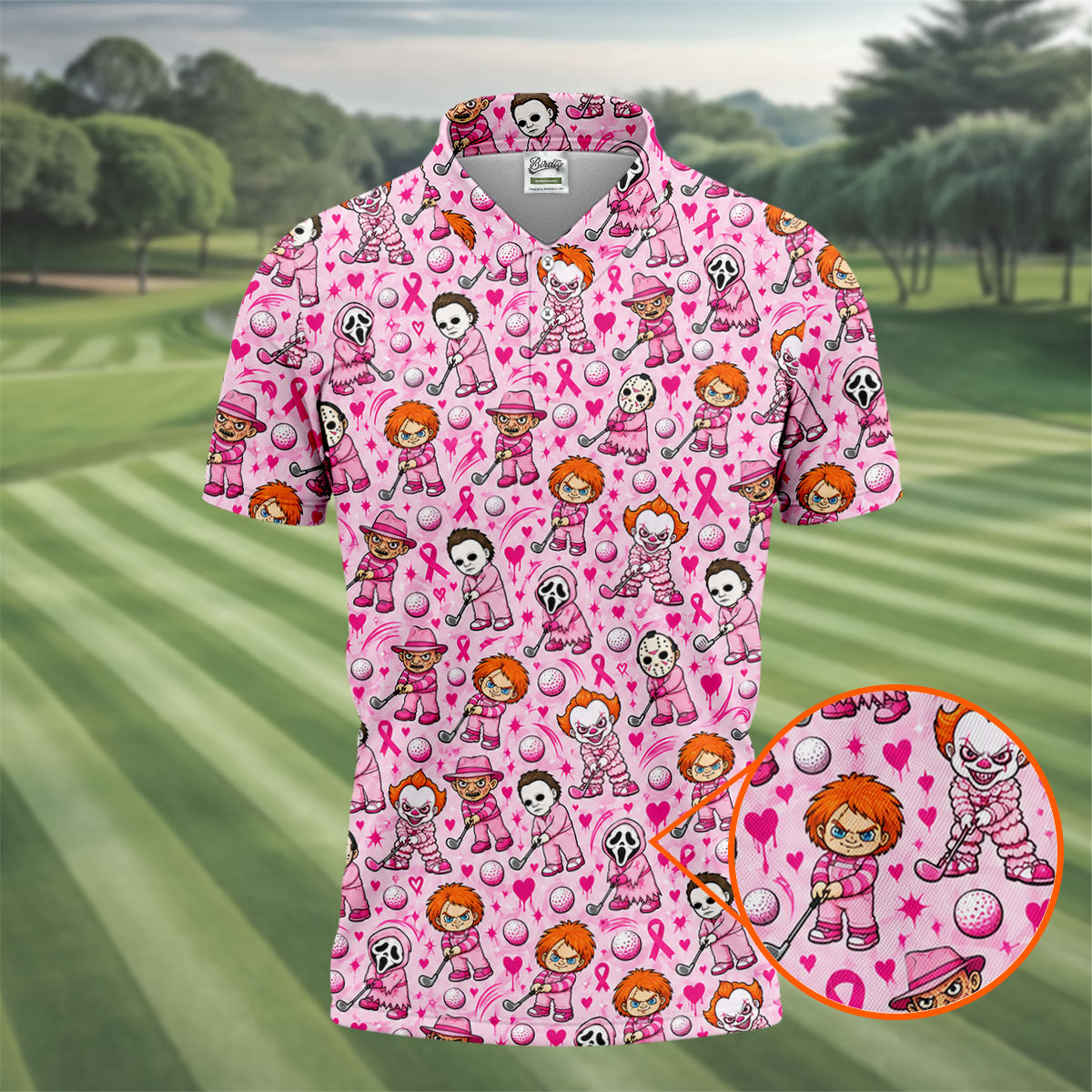 Halloween Horror Character Breast Cancer Polo Shirt, Mens Golf Shirts, Mens Golf Apparel