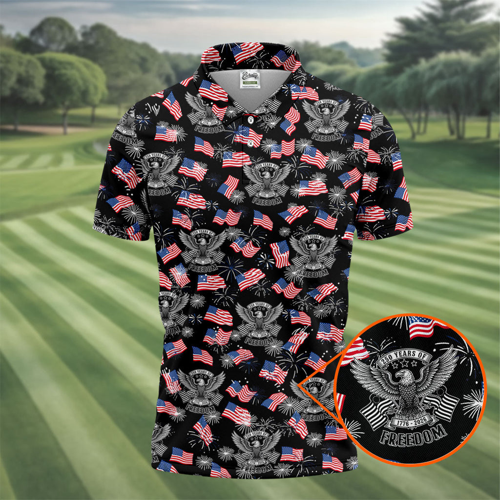 250 Years Of Freedom Festive Flag Vintage Black Golf Shirt, Patriotic 4th Of July Golf Shirts For Men