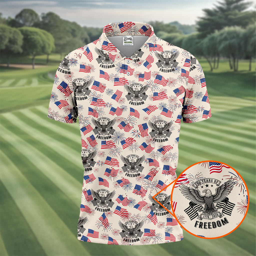 250 Years Of Freedom Festive Flag Vintage Beige Golf Shirt, Patriotic 4th Of July Golf Shirts For Men