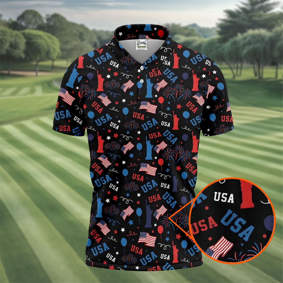 USA Red White Blue Seamless Pattern Black Golf Shirt, 250th Anniversary Patriotic 4th Of July Golf Shirts For Men