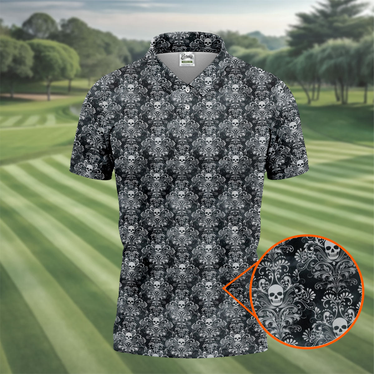 Skull Damask Charcoal Grey Gothic Floral Golf Tops For Men, Polo Shirts For Men, Golf Shirts For Men