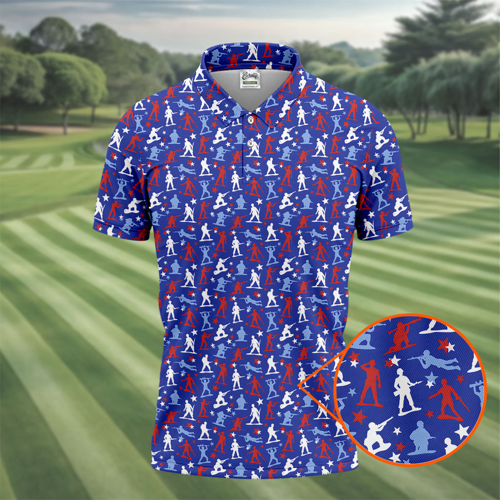 Red White Blue Soldier Pose Patriotic 4th Of July Golf Shirt, 250th Anniversary Golf Shirts For Men