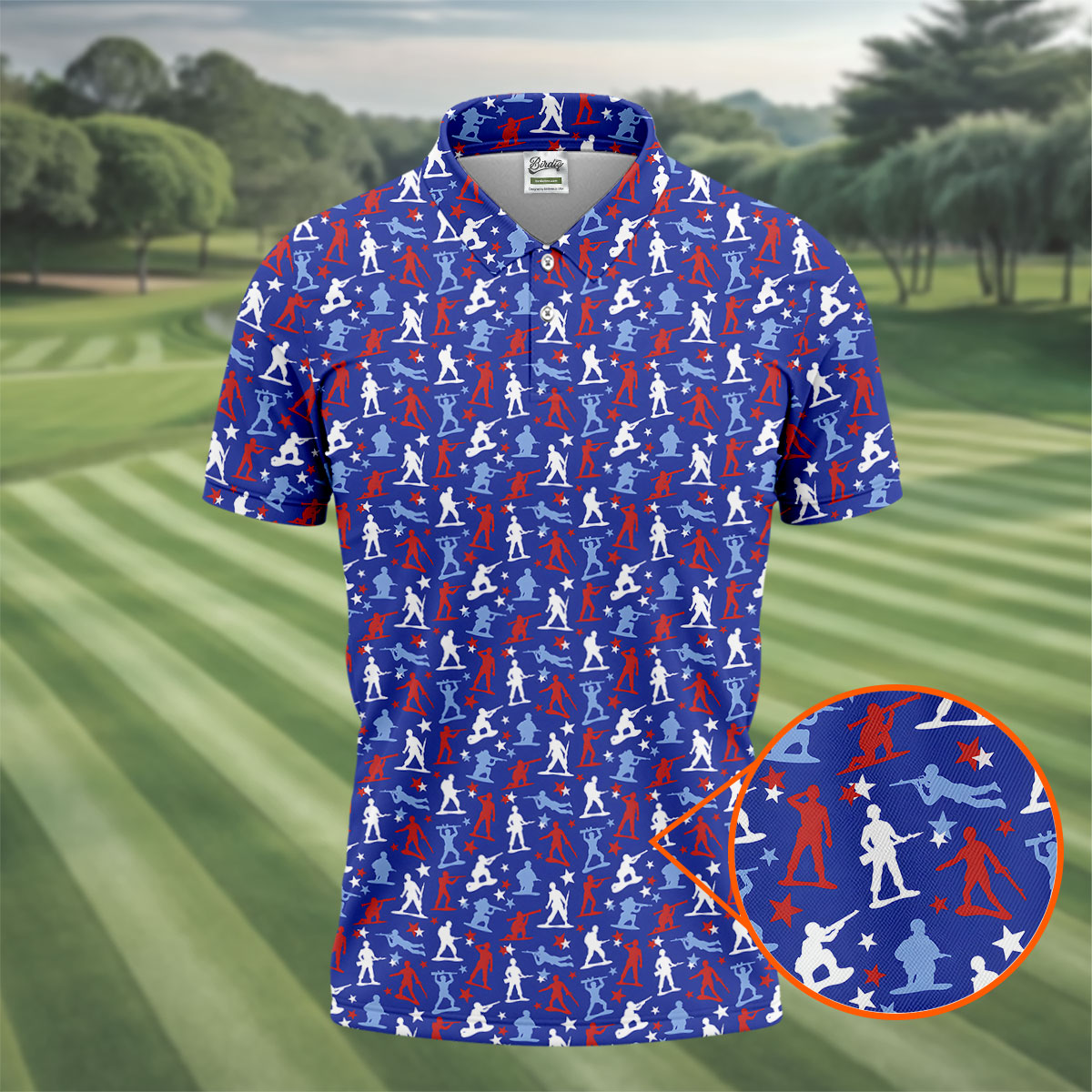 Red White Blue Soldier Pose Patriotic 4th Of July Golf Shirt, 250th Anniversary Golf Shirts For Men