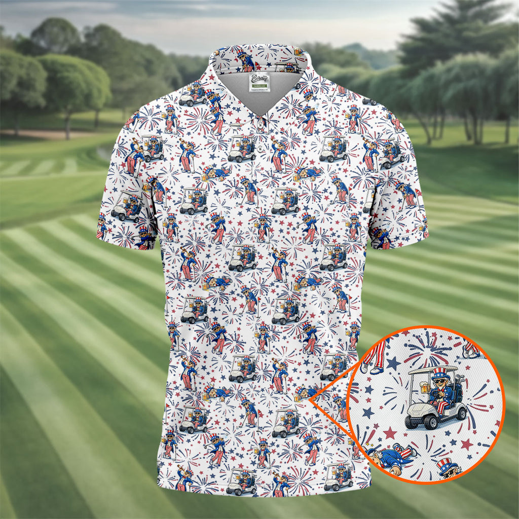 Patriotic Theme Golf And Beer Funny 4th Of July Golf Shirt, 250 Years Seamless Pattern Golf Shirts For Men