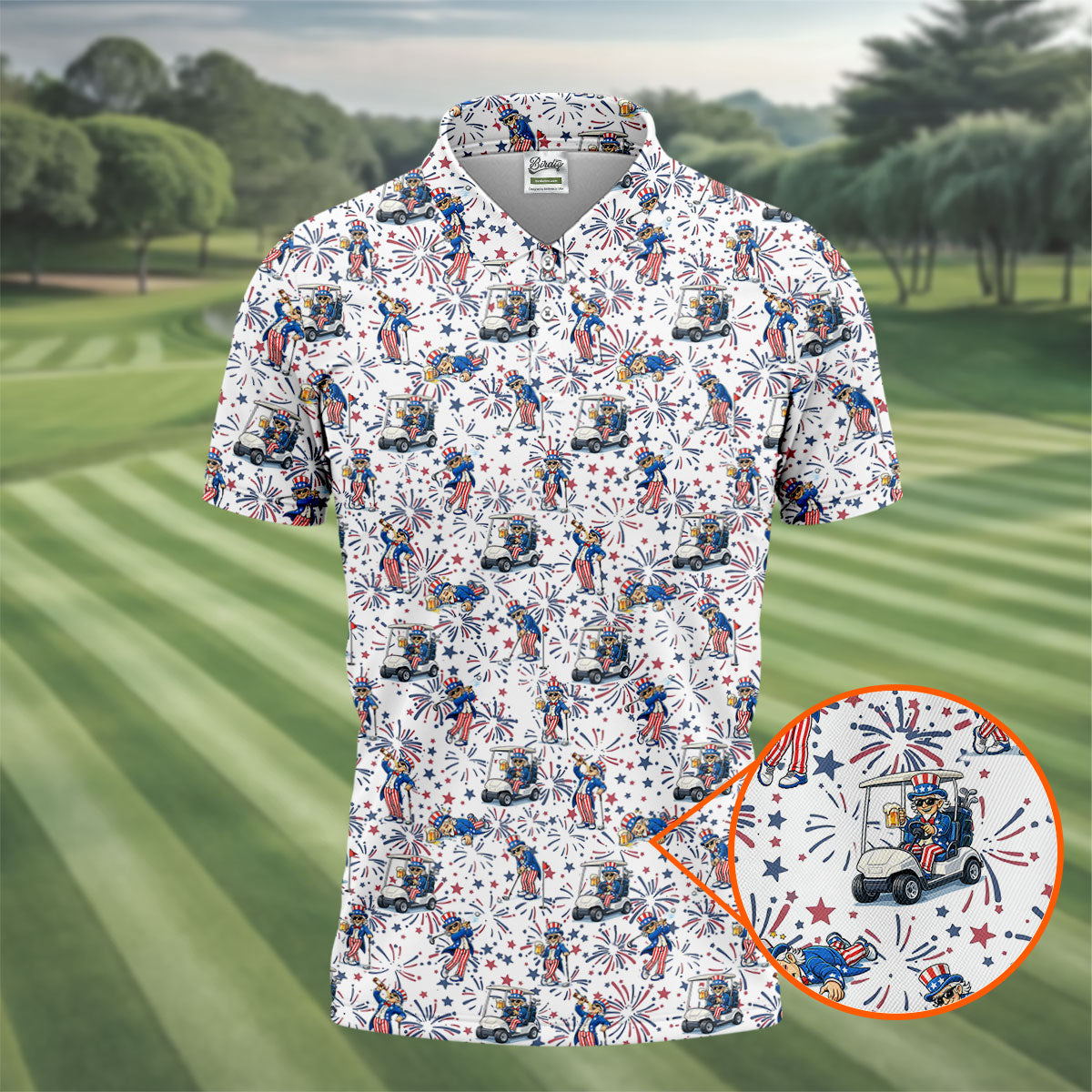 Patriotic Theme Golf And Beer Funny 4th Of July Golf Shirt, 250 Years Seamless Pattern Golf Shirts For Men
