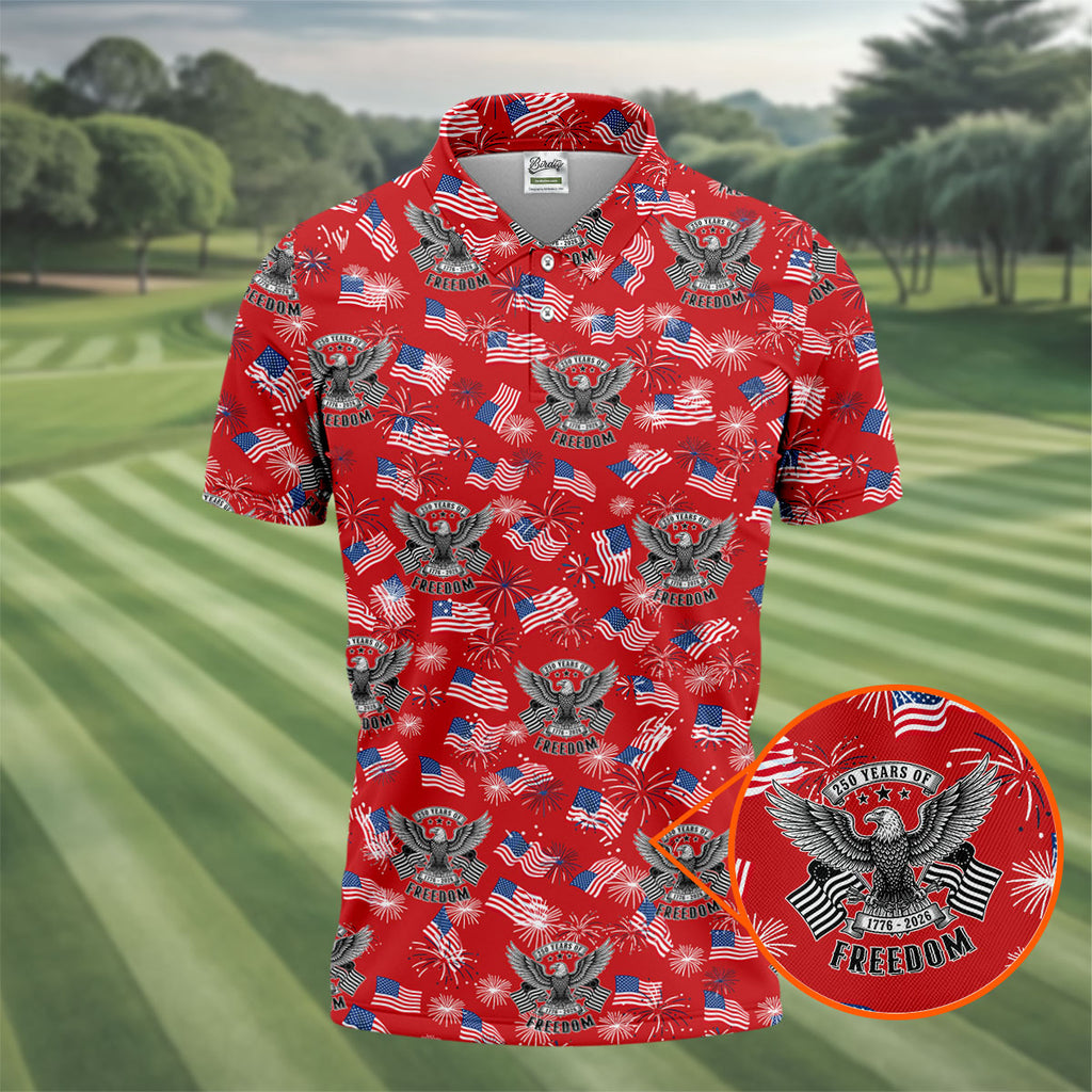 250 Years Of Freedom Festive Flag Vintage Red Golf Shirt, Patriotic 4th Of July Golf Shirts For Men