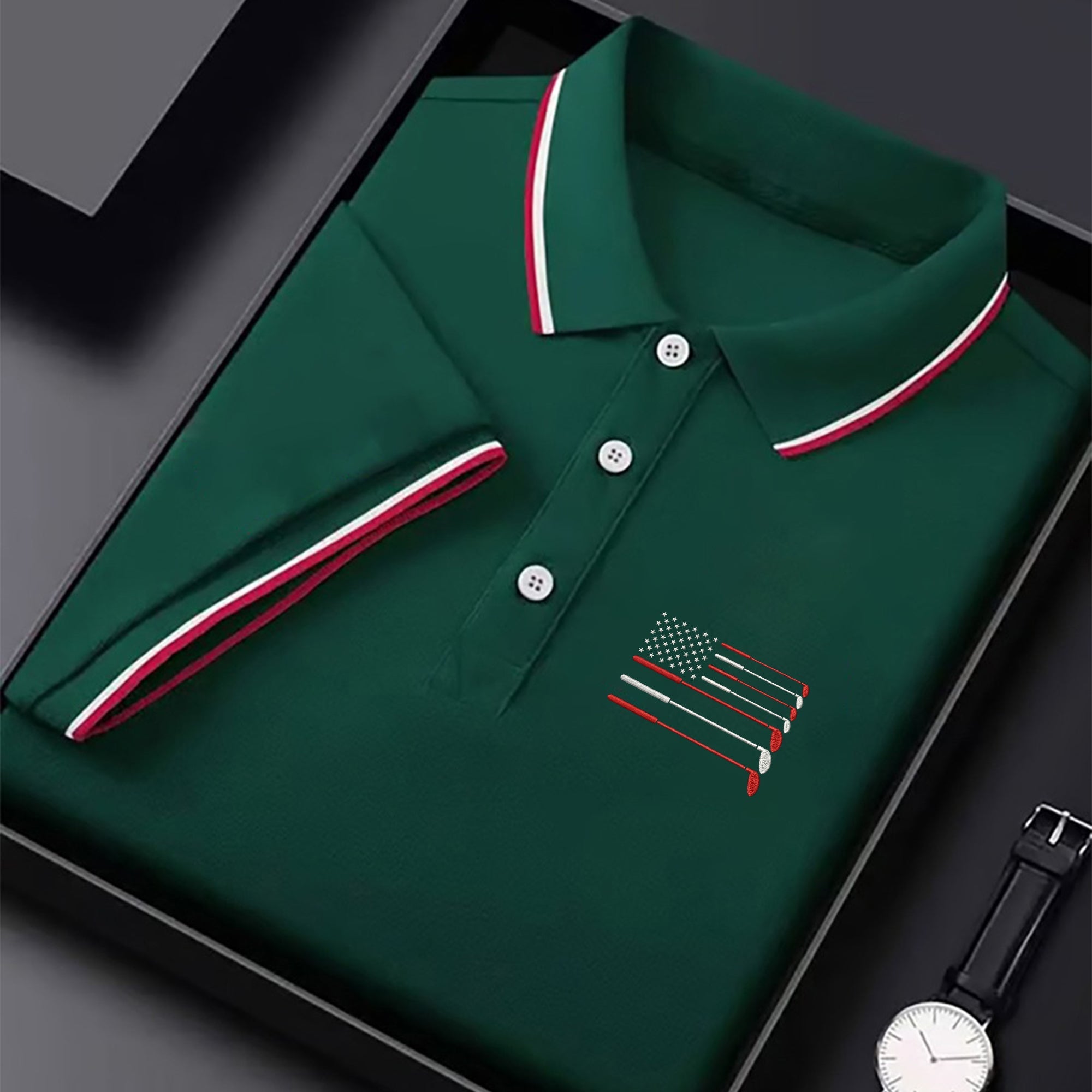 Golf Clubs US Flag Logo 250 Years Green Golf Shirt, Patriotic 4th Of July Golf Shirts For Men