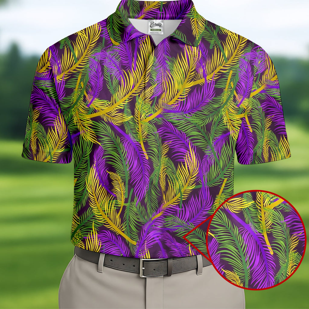 Purple Green Gold Feather Pattern Mardi Gras Golf Shirt, Polo Shirts For Men, Golf Shirts For Men