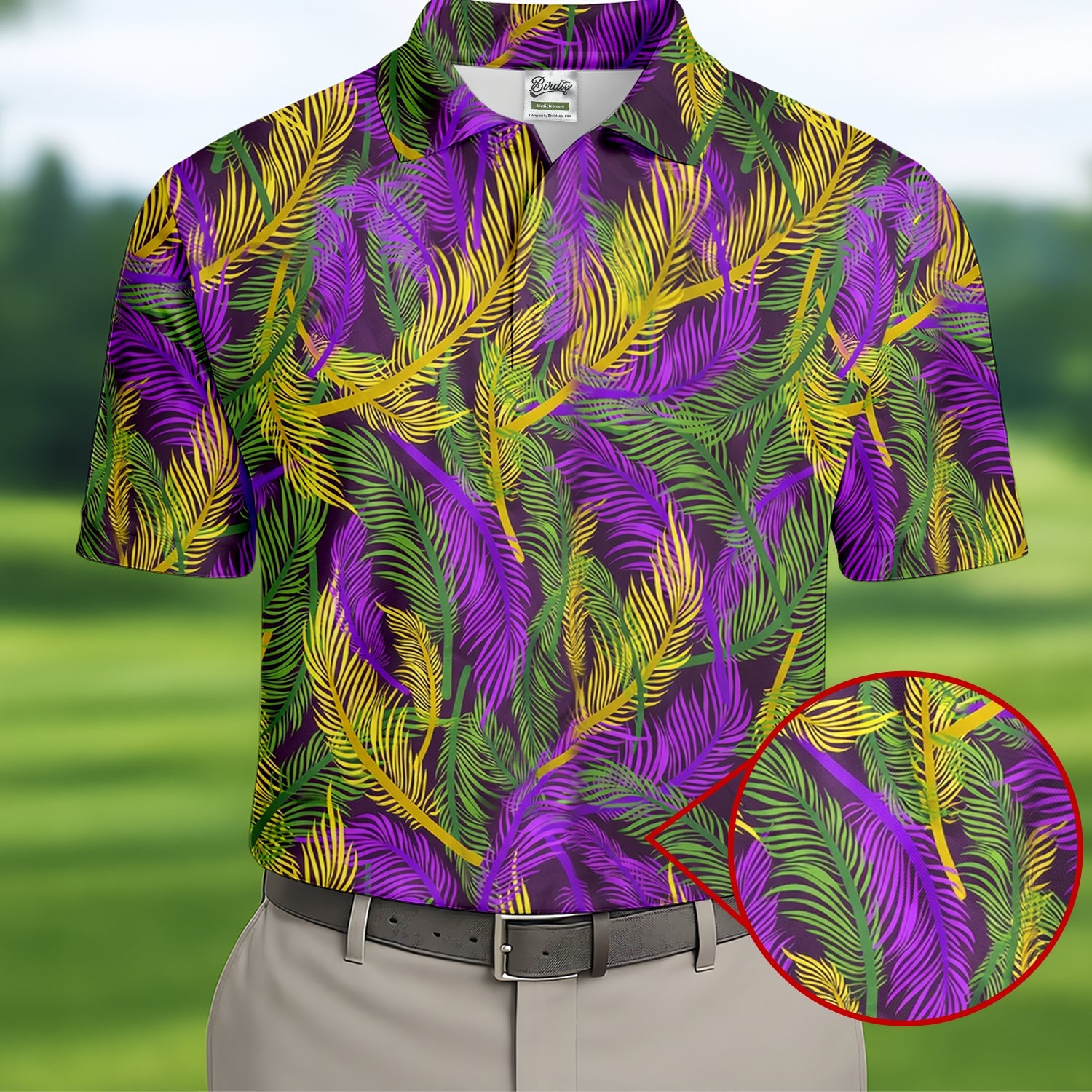 Purple Green Gold Feather Pattern Mardi Gras Golf Shirt, Polo Shirts For Men, Golf Shirts For Men
