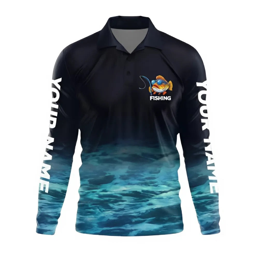 Personalized Men's Long Sleeve Fishing Polo Shirt, Funny Fish Design, 'Fishing Rods are like Potato Chips', Custom Name
