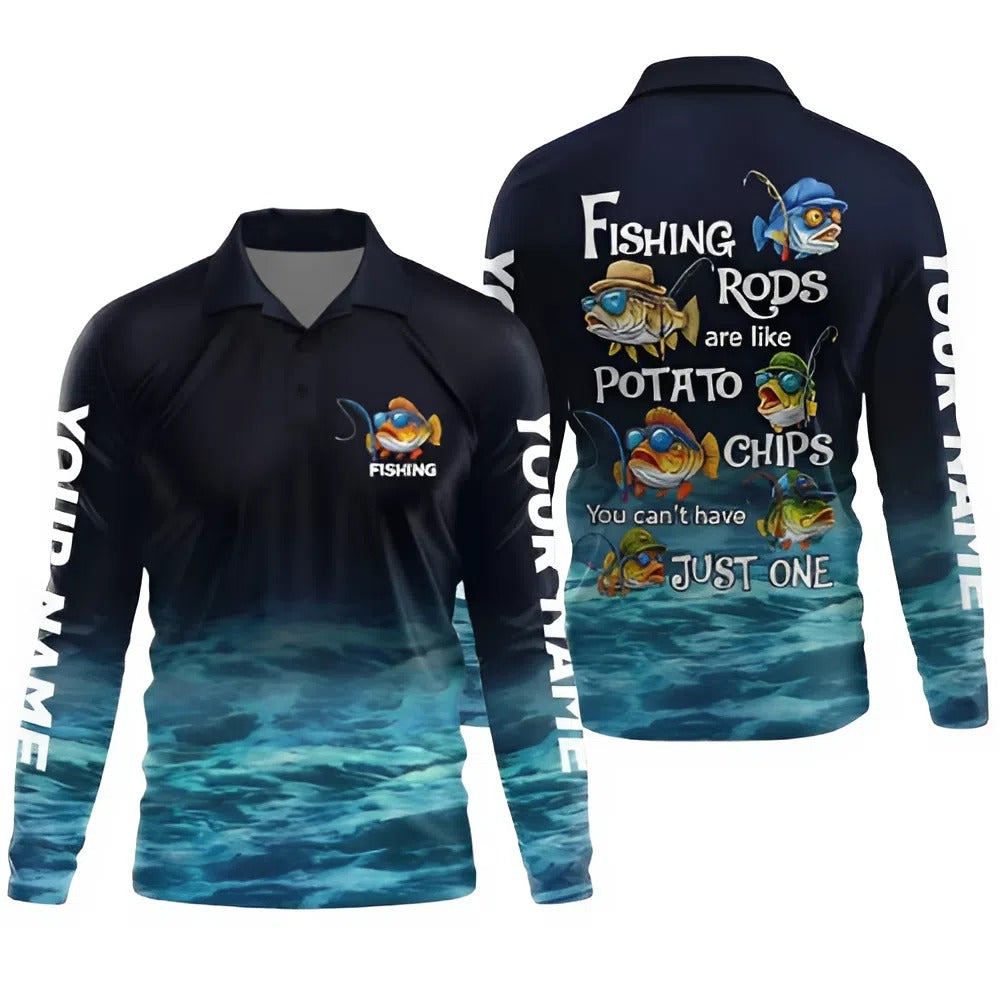 Personalized Men's Long Sleeve Fishing Polo Shirt, Funny Fish Design, 'Fishing Rods are like Potato Chips', Custom Name