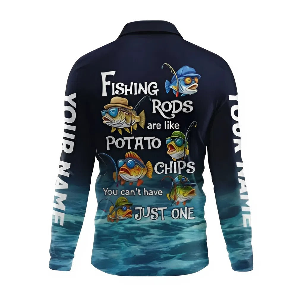 Personalized Men's Long Sleeve Fishing Polo Shirt, Funny Fish Design, 'Fishing Rods are like Potato Chips', Custom Name