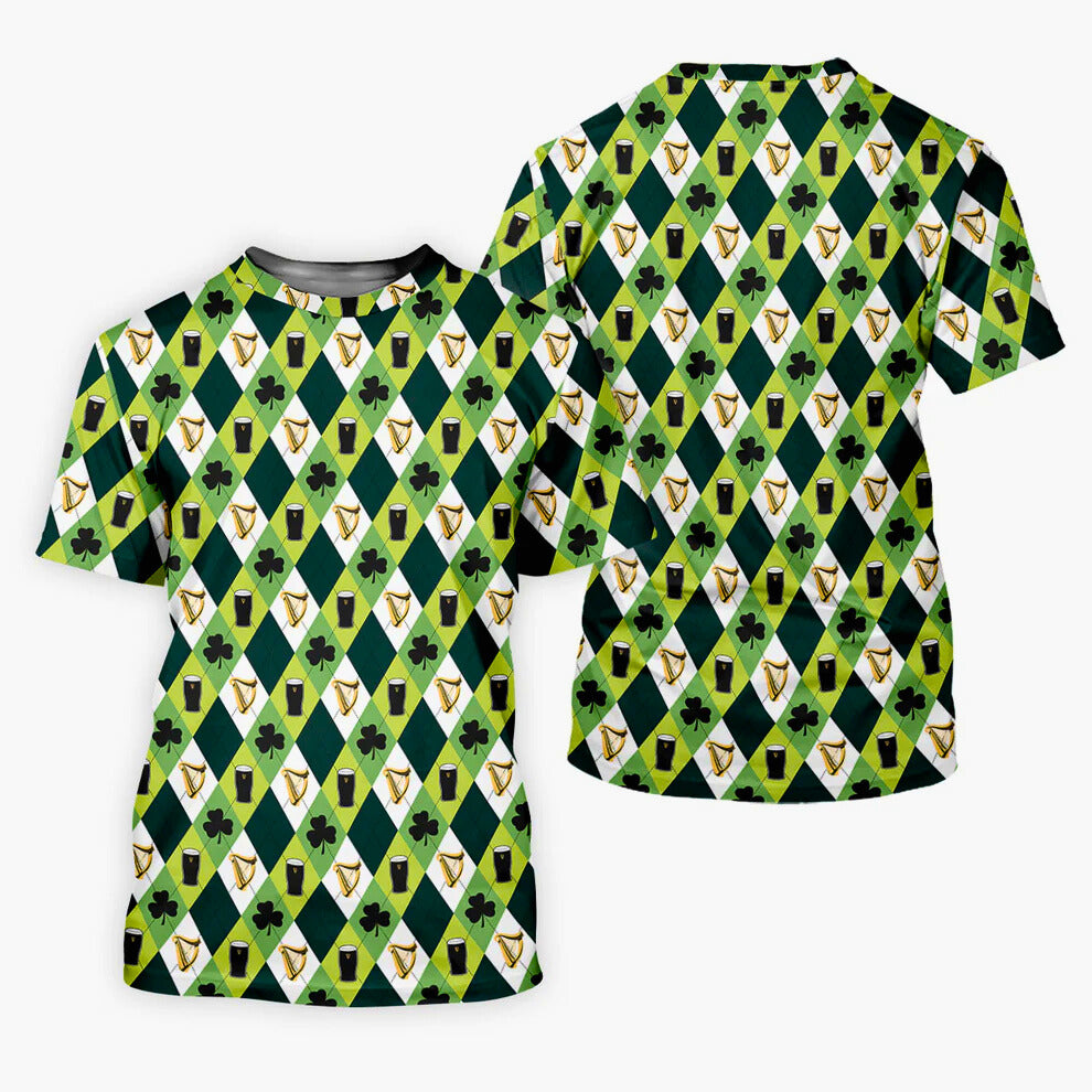 Men's St. Patrick's Day Golf Shirt, Green And White Argyle Pattern Beer