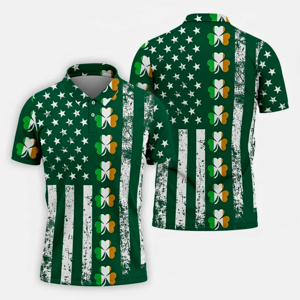 Irish American Flag St Patrick's Day Shirt, Shamrock Vertical Stripes Green Lucky Clover, Golf Shirts For Men