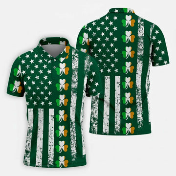 Irish American Flag St Patrick's Day Shirt, Shamrock Vertical Stripes Green Lucky Clover, Golf Shirts For Men