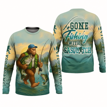 Personalized Gone Fishing With Sasquatch Long Sleeve Shirt – Bigfoot Fishing Graphic, Funny Angler Gift