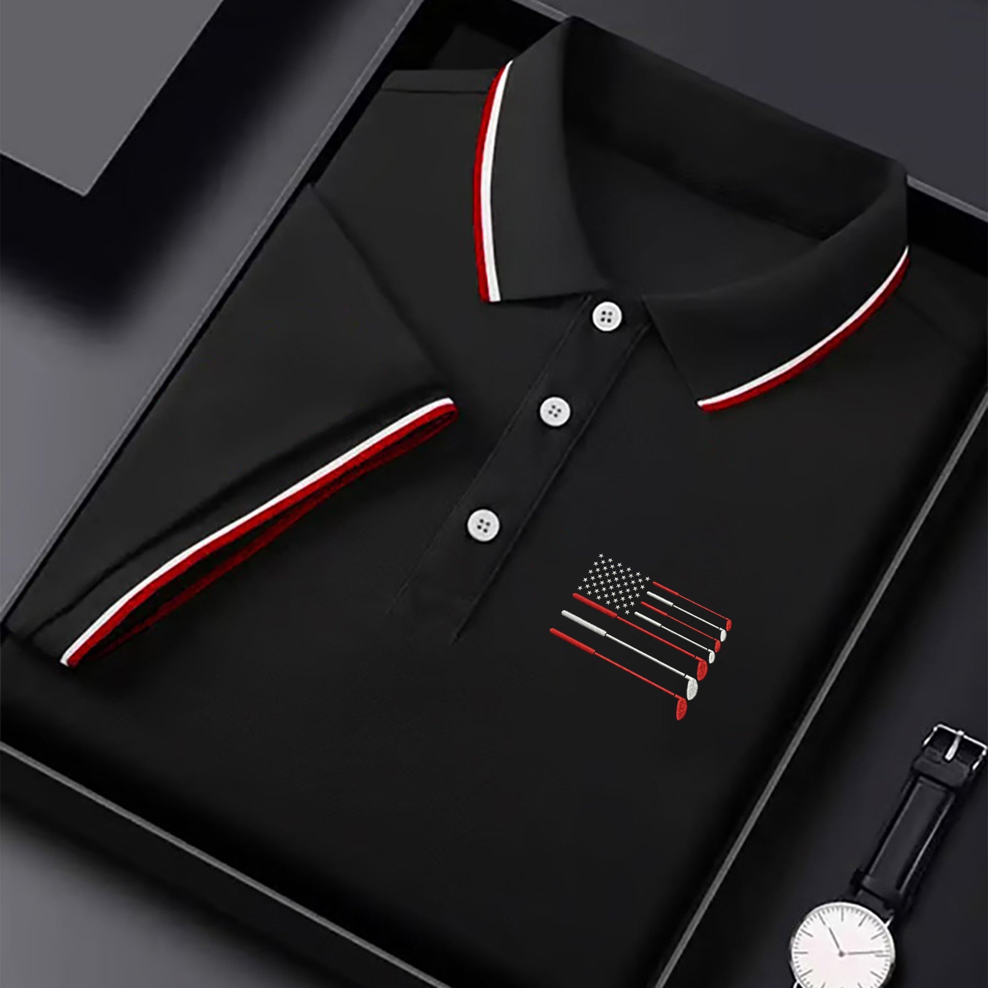 Golf Clubs US Flag Logo 250 Years Black Golf Shirt, Patriotic 4th Of July Golf Shirts For Men