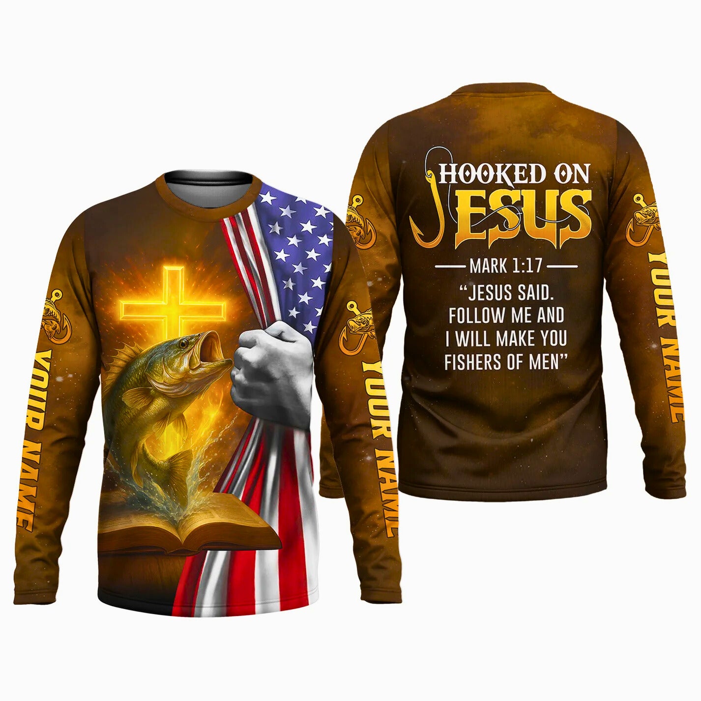 Personalized Fishing Long Sleeve Shirt – Hooked on Jesus – Mark 1:17 – Custom Name