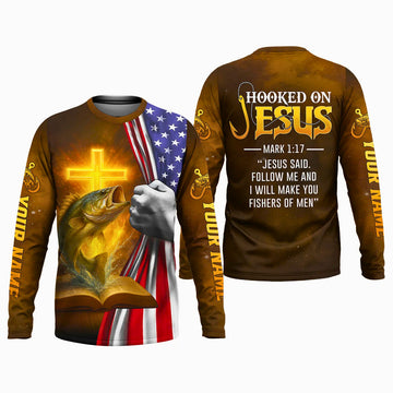 Personalized Fishing Long Sleeve Shirt – Hooked on Jesus – Mark 1:17 – Custom Name