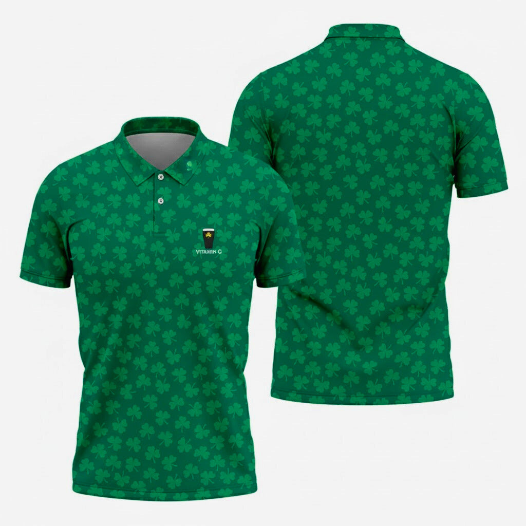 Vitamin G Shamrock Pattern Golf And Beer Green Golf Shirt, St Patrick's Day Golf Shirt