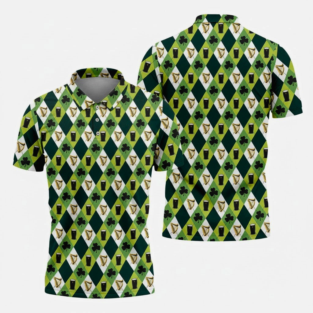 Men's St. Patrick's Day Golf Shirt, Green And White Argyle Pattern Beer