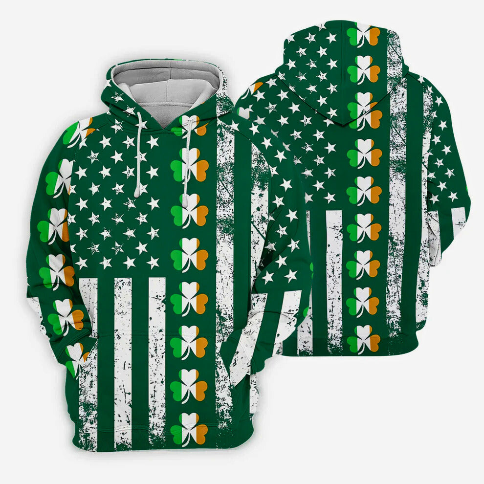 Irish American Flag St Patrick's Day Shirt, Shamrock Vertical Stripes Green Lucky Clover, Golf Shirts For Men