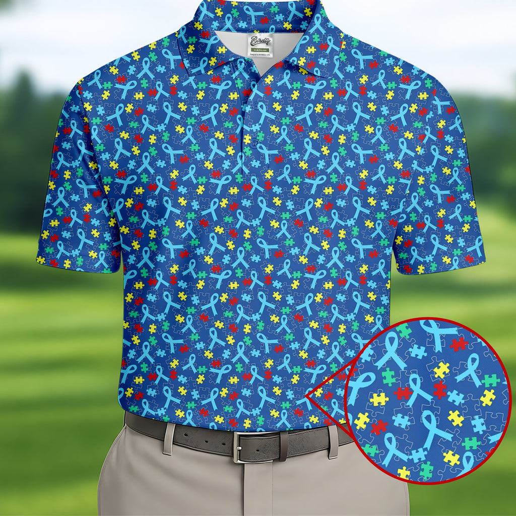 Autism Awareness Ribbon And Colorful Puzzles Blue Golf Shirt, Golf Shirts For Men, Polo Shirts For Men