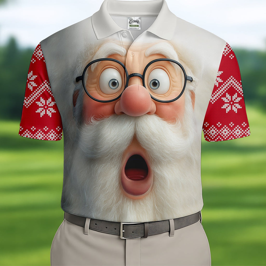 Surprised Funny Santa Claus Face Men's Golf Polo Shirts, Christmas Golf Shirt, Golf Gift For Men