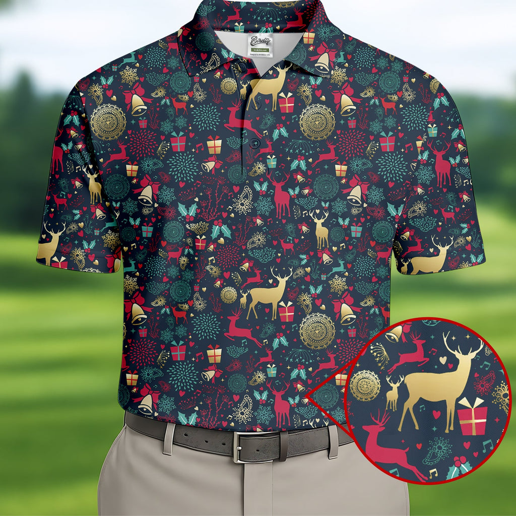 Vintage Reindeer Bell Dark Navy Christmas Golf Tops For Men, Gift Christmas Golf Shirt Polos, Men Golf Apparel