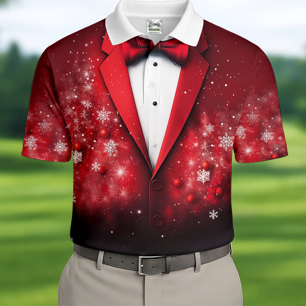 Black And Red Christmas Glitter Print Men's Golf Polo Shirts, Christmas Golf Shirt, Golf Gift For Men