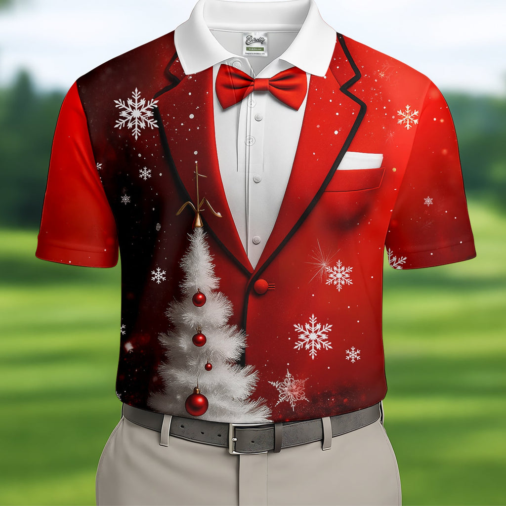 Snow Pine Tree Black And Red Christmas Men's Golf Polo Shirts, Christmas Golf Shirt, Golf Gift For Men