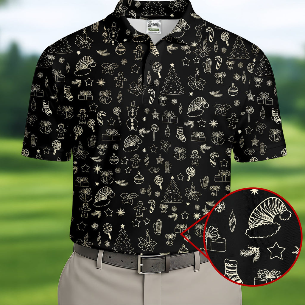 Festive Christmas Golden Pattern Men's Golf Polo Shirts, Christmas Golf Shirt, Golf Gift For Men