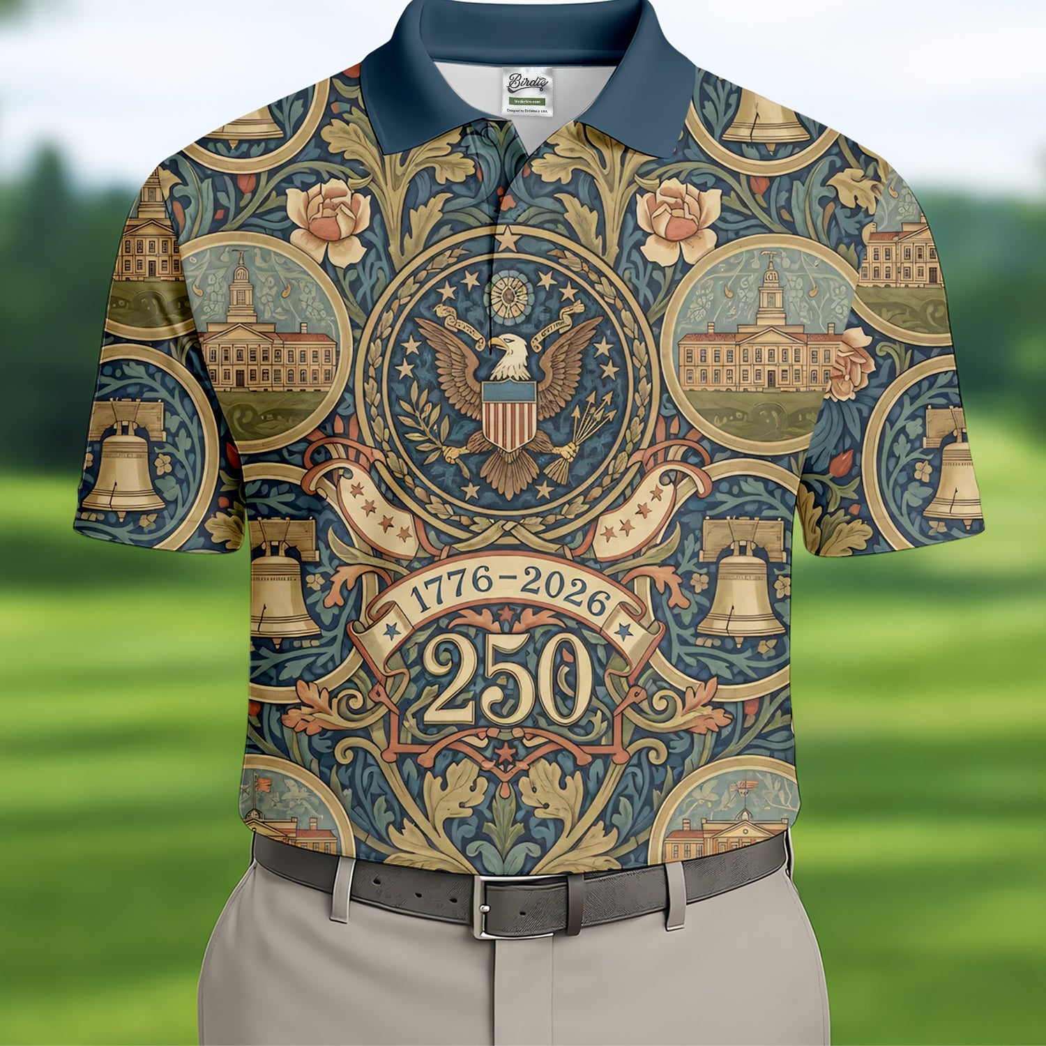 250th Anniversary Semiquincentennial American Landmarks Floral Golf Shirt, Golf Shirts For Men, Patriotic Golf Shirt
