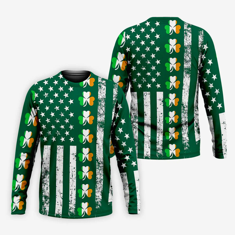 Irish American Flag St Patrick's Day Shirt, Shamrock Vertical Stripes Green Lucky Clover, Golf Shirts For Men