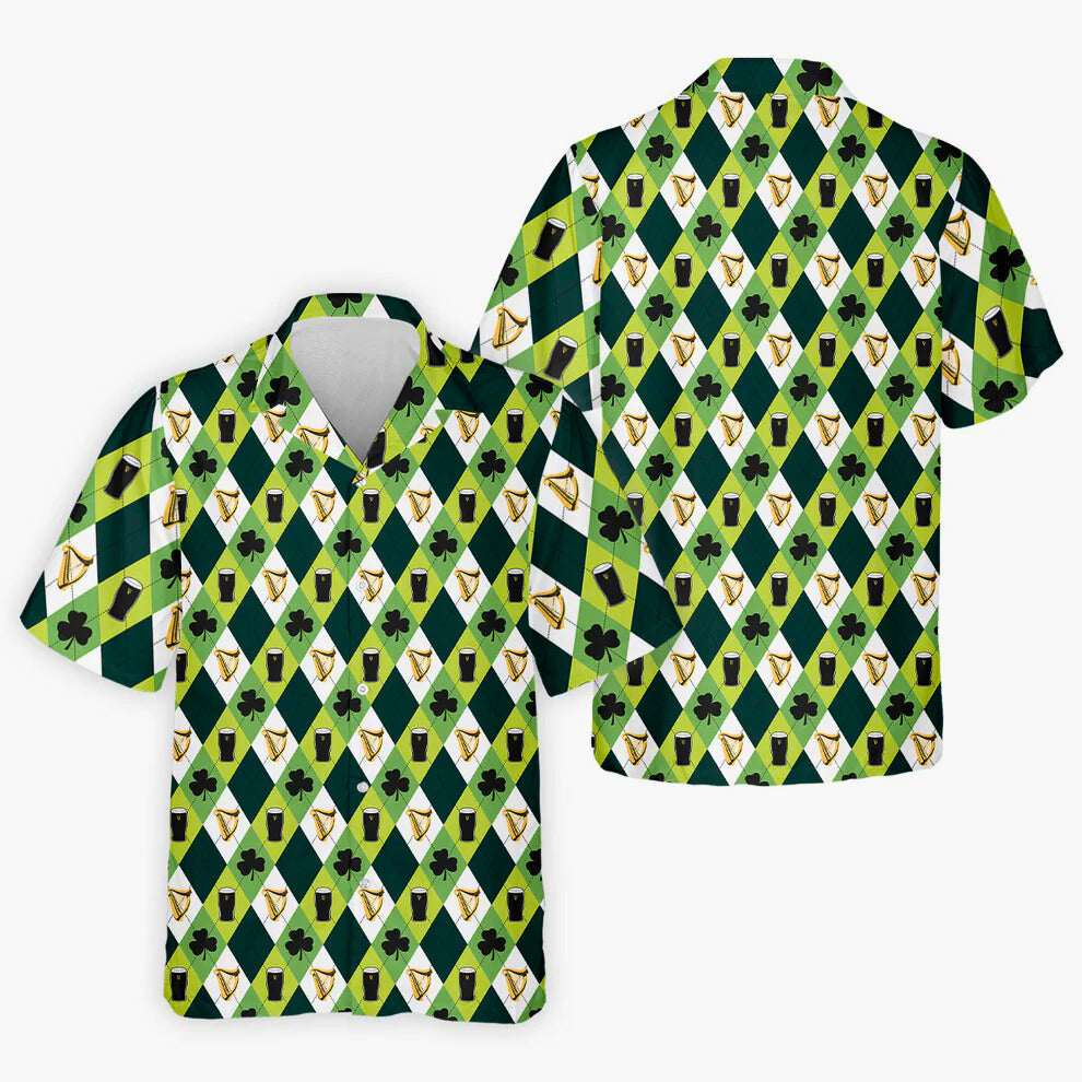 Men's St. Patrick's Day Golf Shirt, Green And White Argyle Pattern Beer