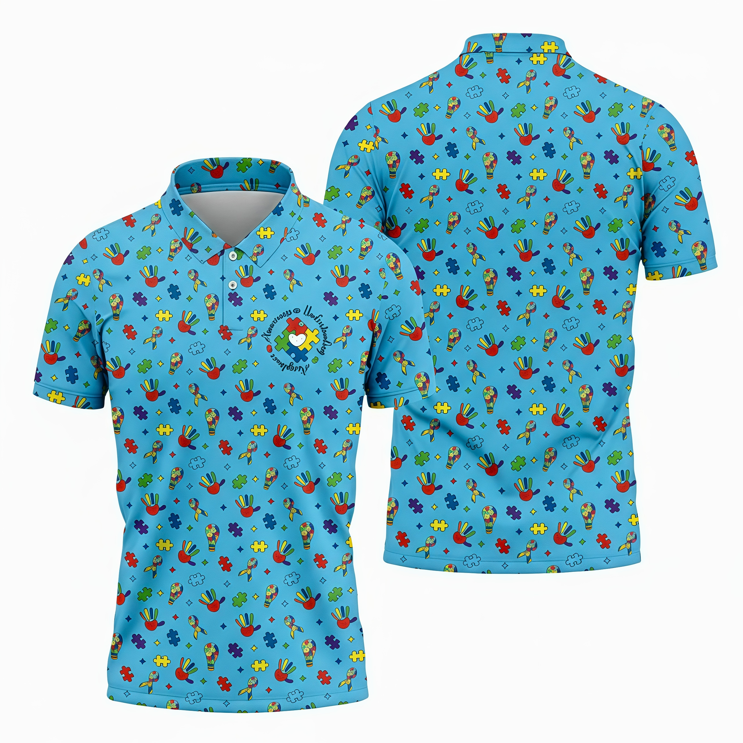 Awareness Understanding Acceptance Autism Ribbon Blue Golf Shirt, Autism Awareness Colors Golf Shirts For Men