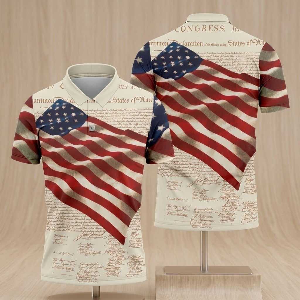 Patriotic American Flag Declaration Of Independence 4th Of July Beige Golf Shirt, 250th Anniversary Polo Shirts For Men