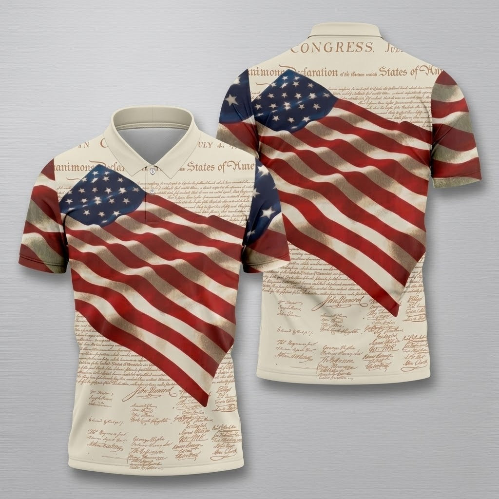 Patriotic American Flag Declaration Of Independence 4th Of July Beige Golf Shirt, 250th Anniversary Polo Shirts For Men