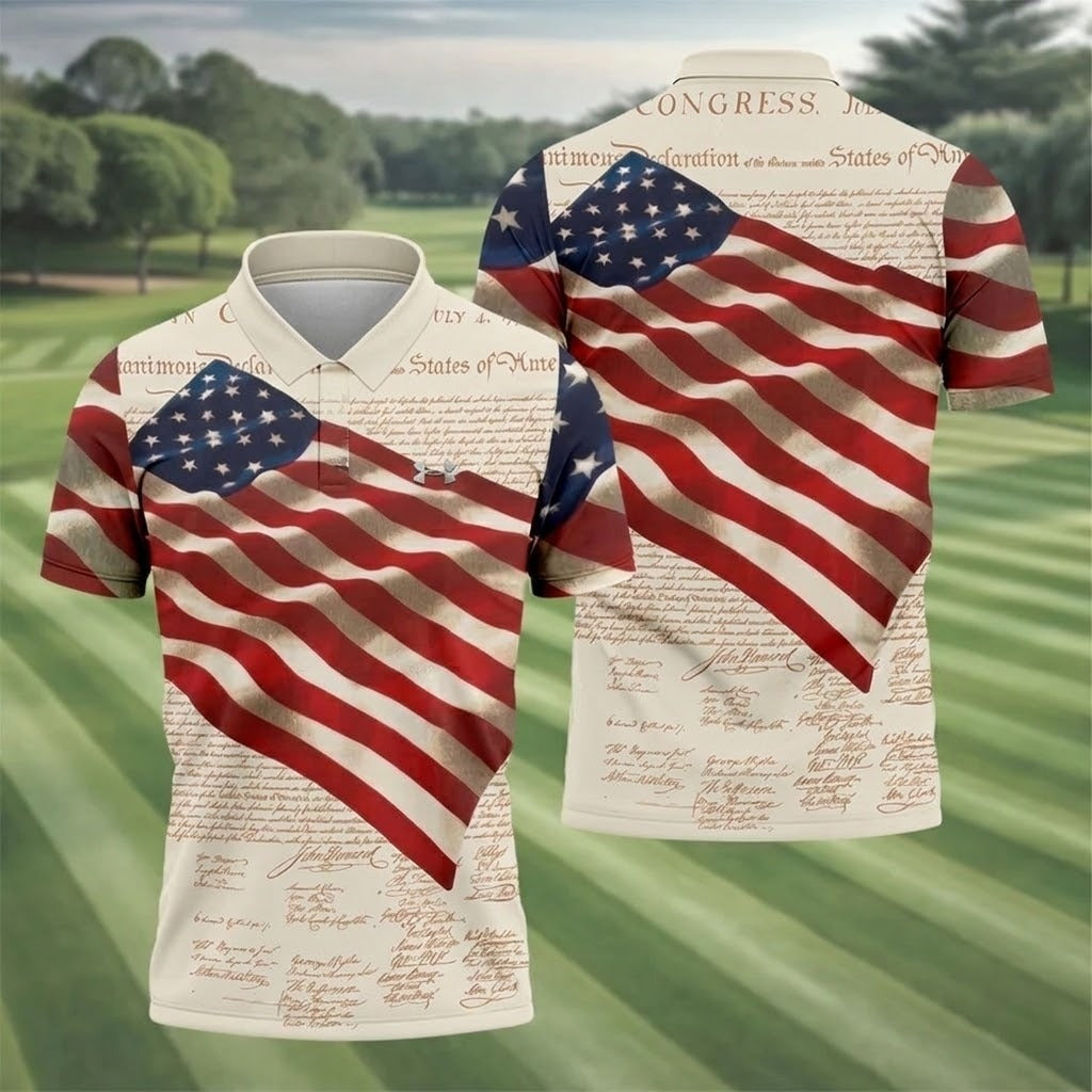 Patriotic American Flag Declaration Of Independence 4th Of July Beige Golf Shirt, 250th Anniversary Polo Shirts For Men