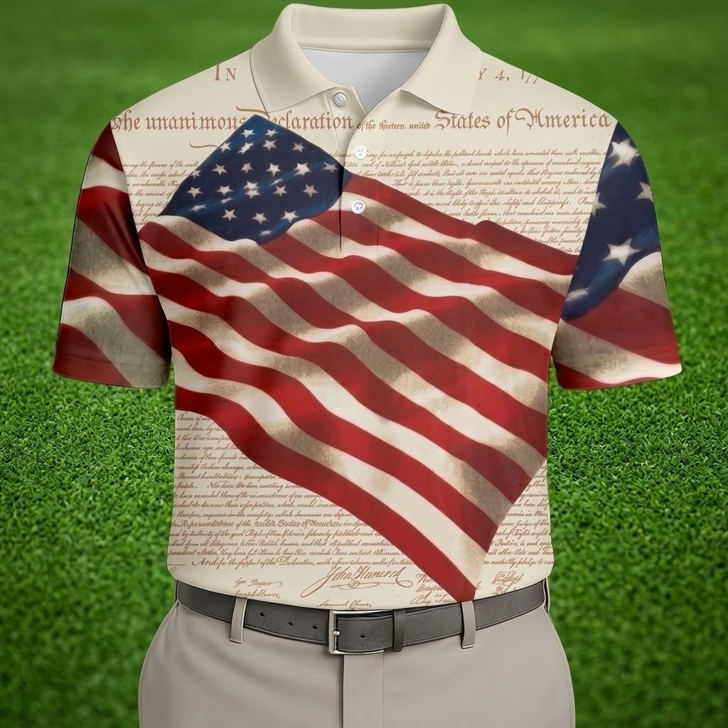 Patriotic American Flag Declaration Of Independence 4th Of July Beige Golf Shirt, 250th Anniversary Polo Shirts For Men