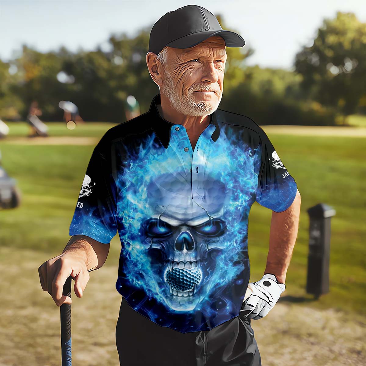 Hello Darkness My Old Friend Blue Flame Skull Golf Polo ShirtGolf Apparel, Golf Gift For Men