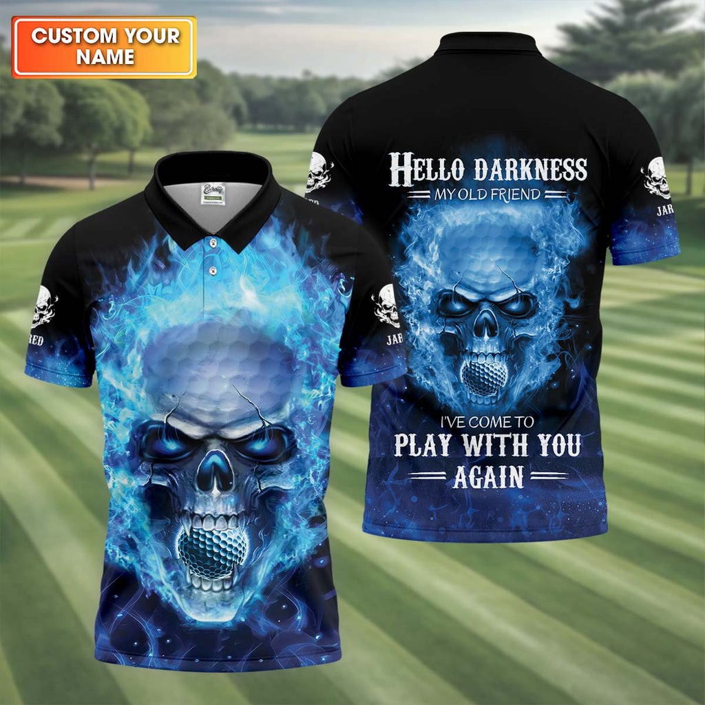 Hello Darkness My Old Friend Blue Flame Skull Golf Polo ShirtGolf Apparel, Golf Gift For Men