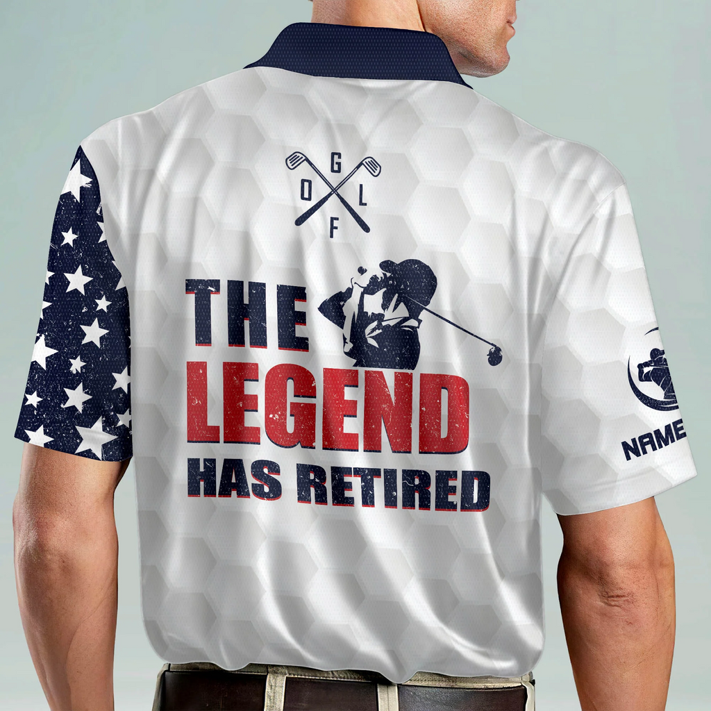 Custom Name The Legend Has Retired American Flag Golf Polo Shirts, Golf Gift For Men, Golfing Apparel