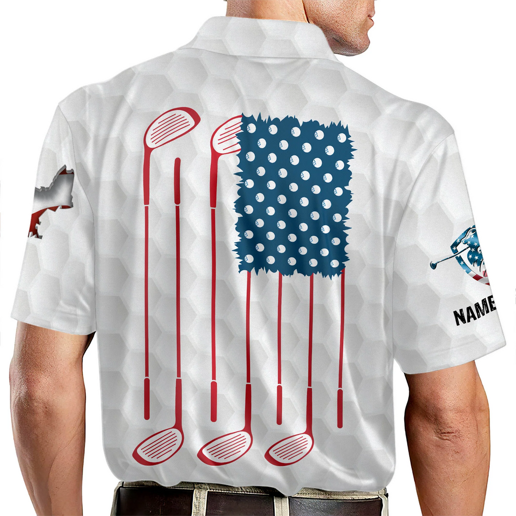 Proud Golf American Flag Custom Name Golf Polo Shirts, Golf Gift For Men, Golfing Apparel
