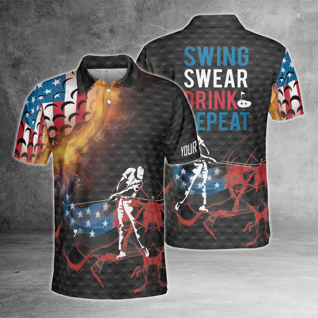 Swing Swear Drink Repeat American Flag Custom Name Golf Polo Shirts, Golf Gift For Men, Golfing Apparel